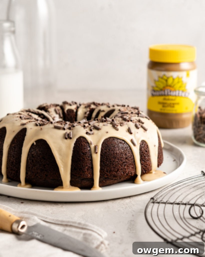 SunButter Mocha Bundt Cake drizzled with Baileys Liqueur Glaze, showcasing its rich texture