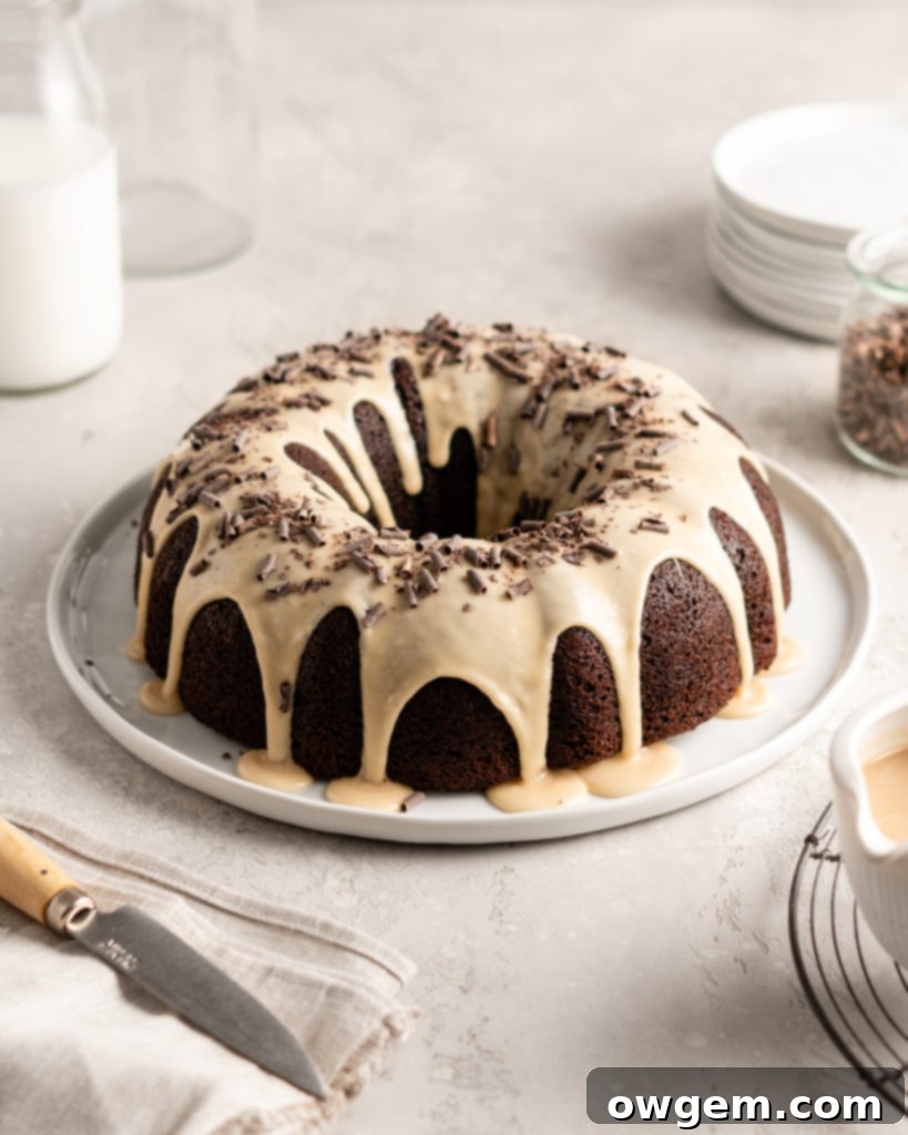 A slice of SunButter Mocha Bundt Cake on a plate, ready to be enjoyed