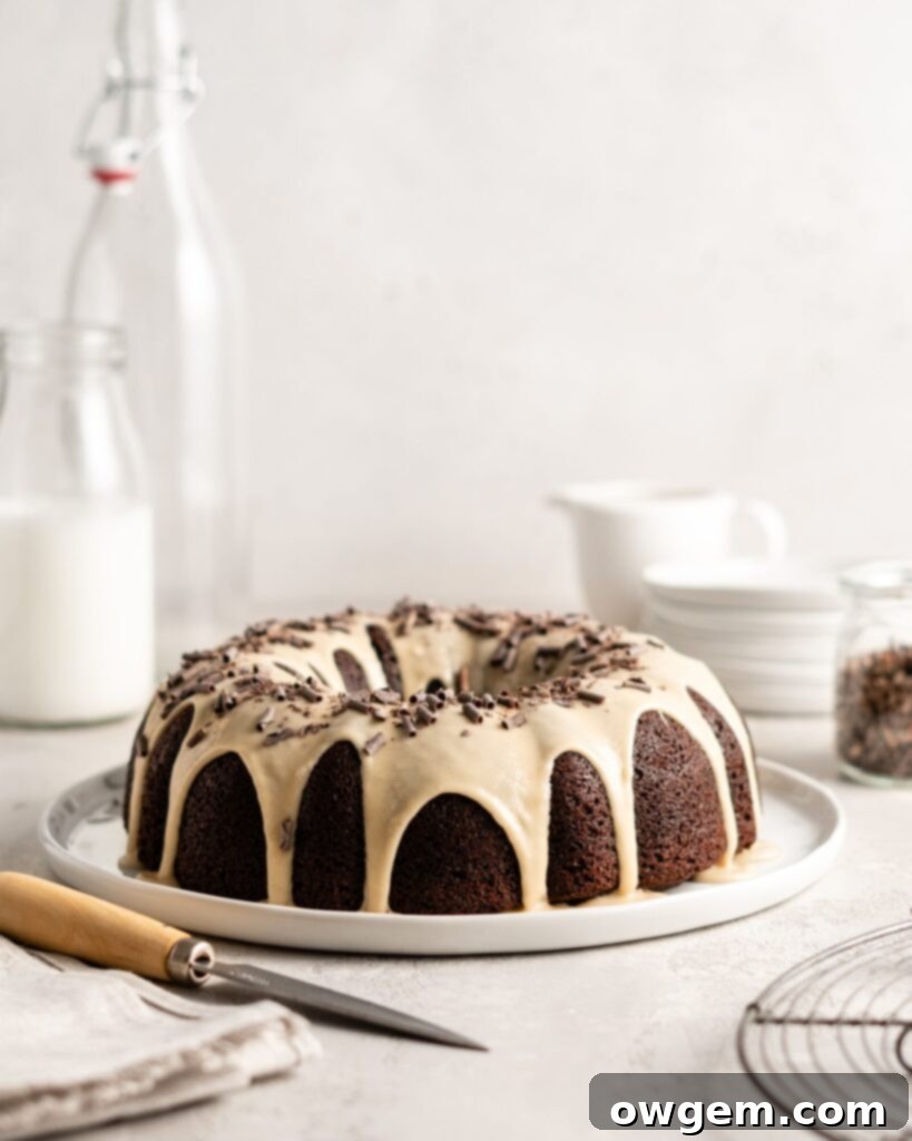 Bundt cake with Baileys glaze, viewed from above