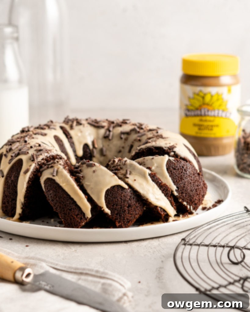 Close-up of the Baileys Glaze on the SunButter Mocha Bundt Cake