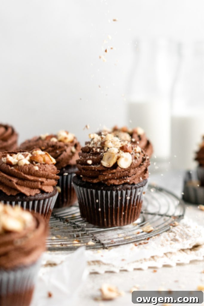 Chocolate Hazelnut Nutella Cupcakes with Nutella Frosting and crushed hazelnuts