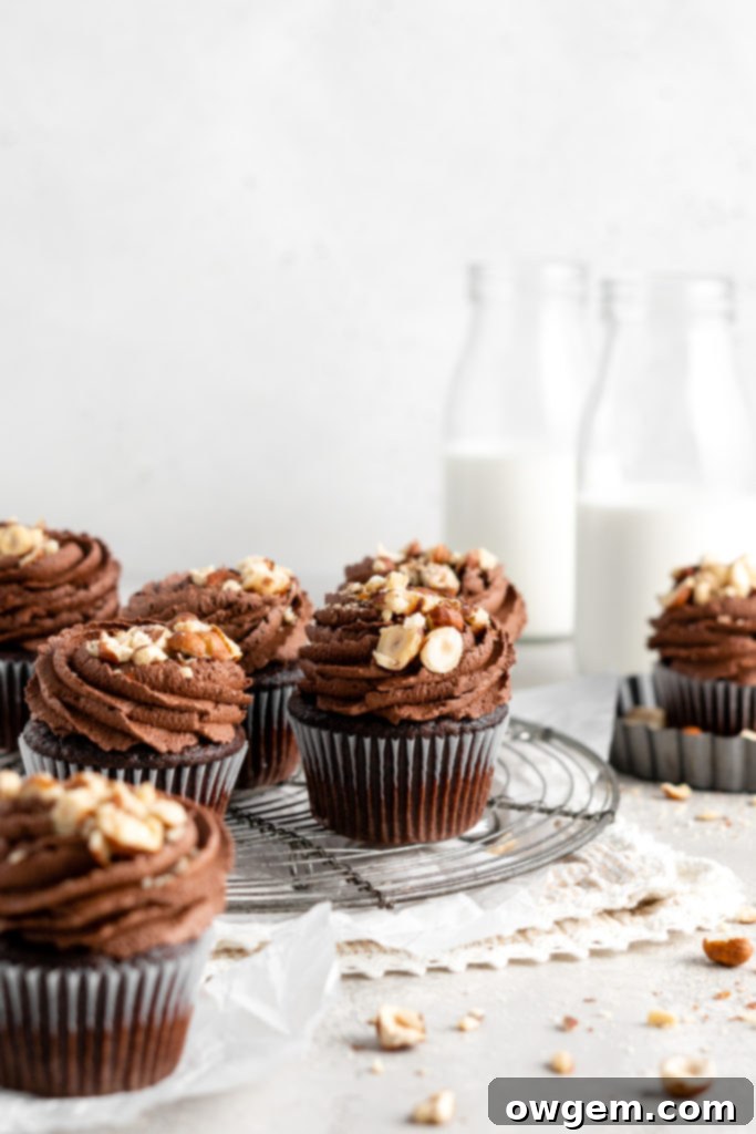 Chocolate Hazelnut Nutella Cupcakes with Nutella Frosting and crushed hazelnuts