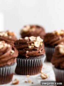 Chocolate Hazelnut Nutella Cupcakes with Nutella Frosting and crushed hazelnuts