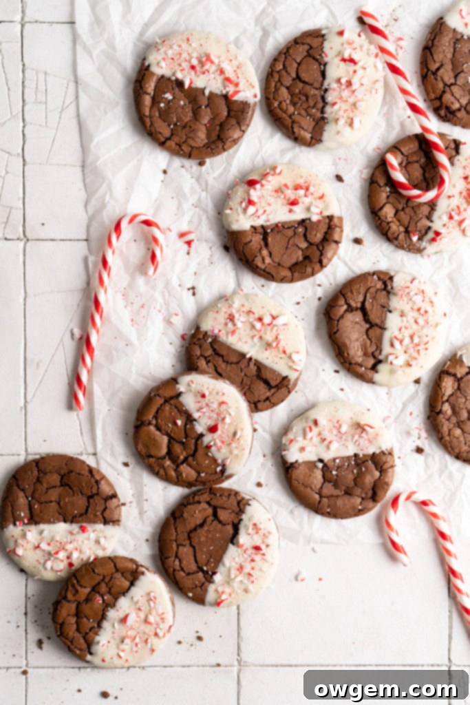 Crinkly fudgy chocolate peppermint brownie cookies dipped in white chocolate and sprinkled with crushed candy canes