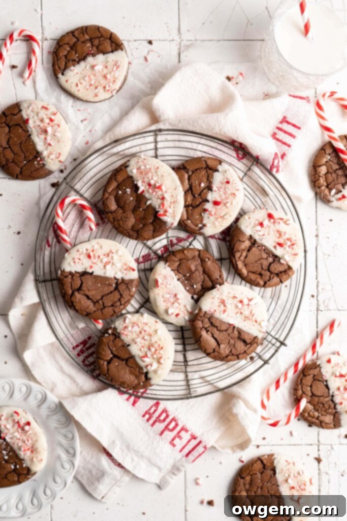 Crinkly fudgy chocolate peppermint brownie cookies dipped in white chocolate and sprinkled with crushed candy canes