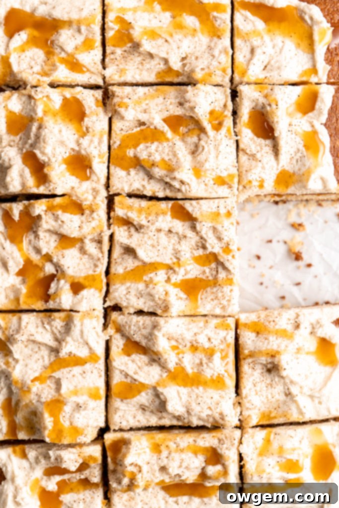 Bourbon Eggnog Sheet Cake with fluffy eggnog frosting, drizzled with caramel sauce