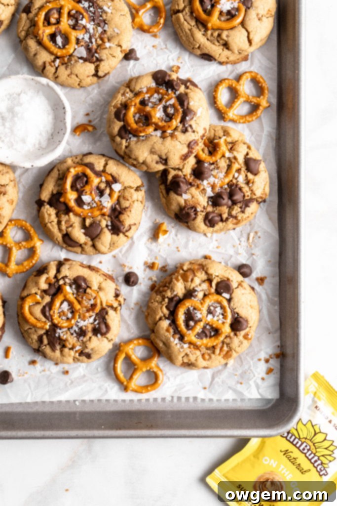 Another view of SunButter Toffee Pretzel Cookies, highlighting the golden-brown edges and soft centers