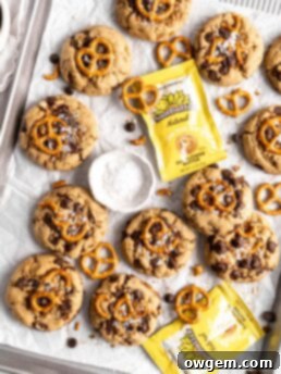 Thick and chewy SunButter Toffee Pretzel Cookies with lots of chocolate chips