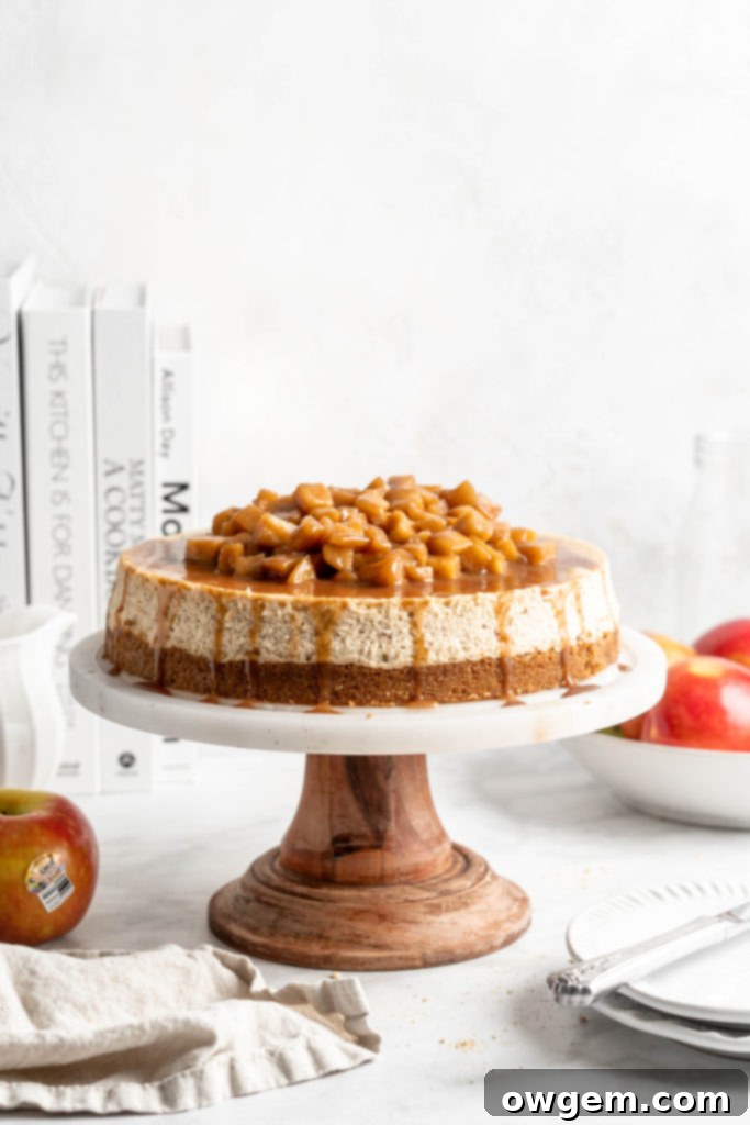 Creamy rich apple spice cheesecake topped with a delicious cinnamon apple compote, ready to be served