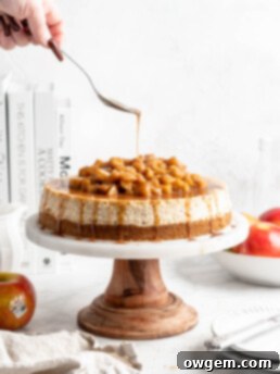 Creamy rich apple spice cheesecake topped with a delicious cinnamon apple compote