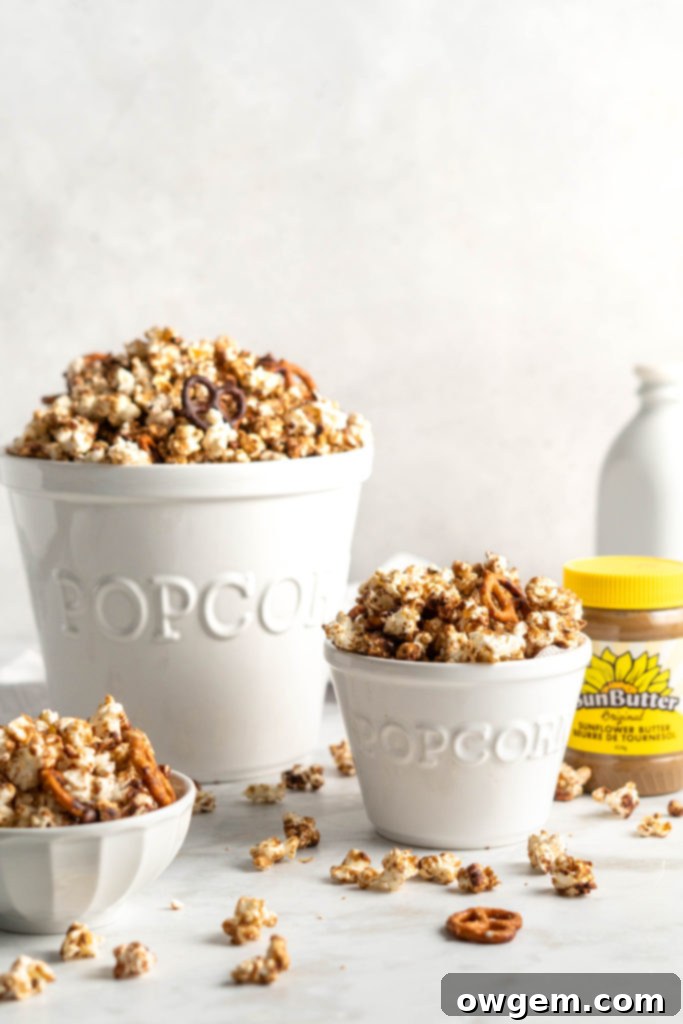 Sweet SunButter Caramel Popcorn mixed with salty pretzels and creamy chocolate