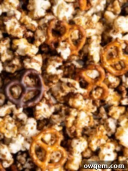Sweet SunButter Caramel Popcorn mixed with salty pretzels and creamy chocolate