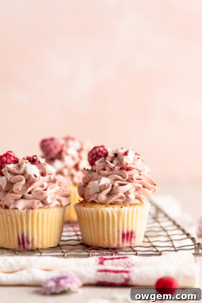 Raspberry Coconut Cupcakes with raspberry whipped cream topping