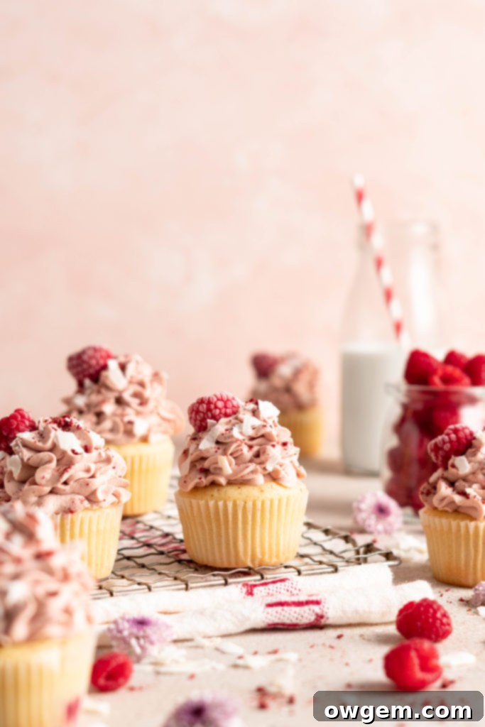 Raspberry Coconut Cupcakes with raspberry whipped cream topping