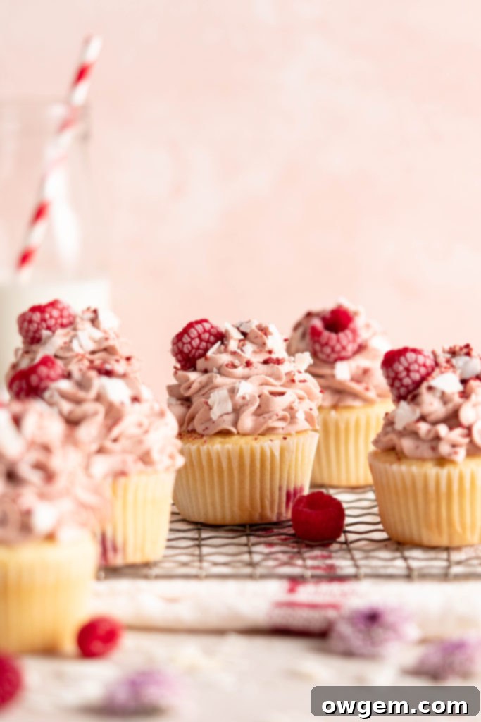 Raspberry Coconut Cupcakes with raspberry whipped cream topping