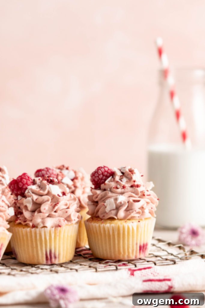Raspberry Coconut Cupcakes with raspberry whipped cream topping
