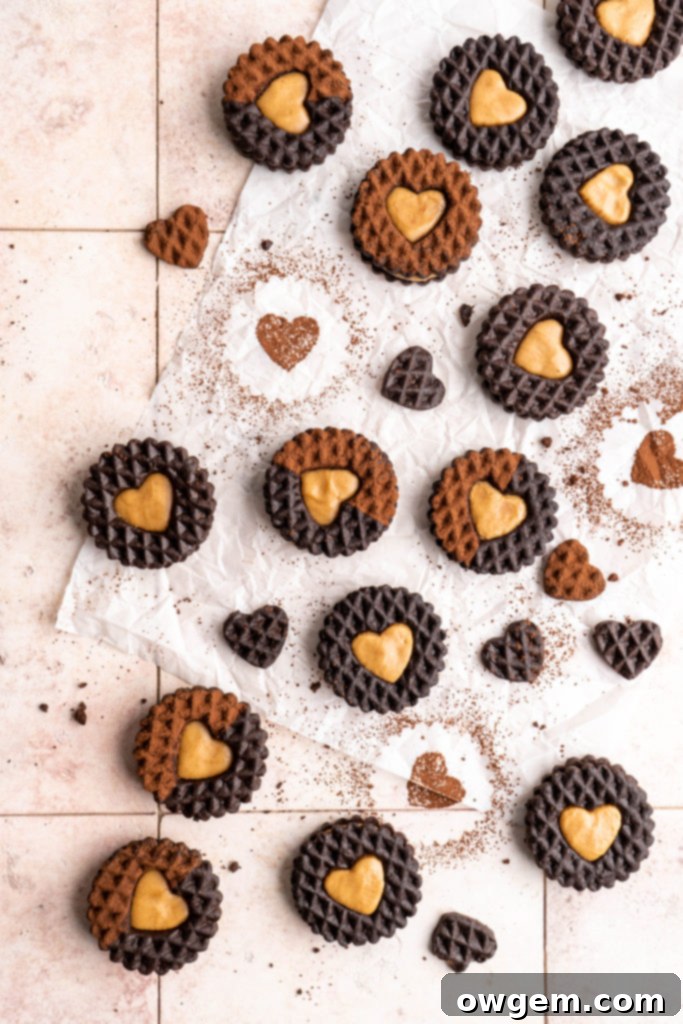 Decadent chocolate sugar cookies expertly sandwiched together with a generous layer of creamy peanut butter, presented as a delicious homemade treat.