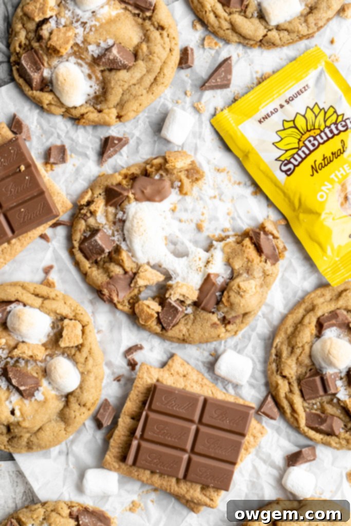 Chewy, easy-to-make SunButter S'mores cookies loaded with milk chocolate chips, soft marshmallows, and crunchy graham crackers, perfect for a peanut-free and nut-free treat.