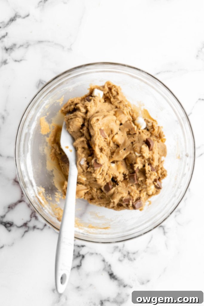 Close-up of SunButter S'mores cookie dough after all s'mores components are mixed in, showcasing the perfect texture and abundance of inclusions.