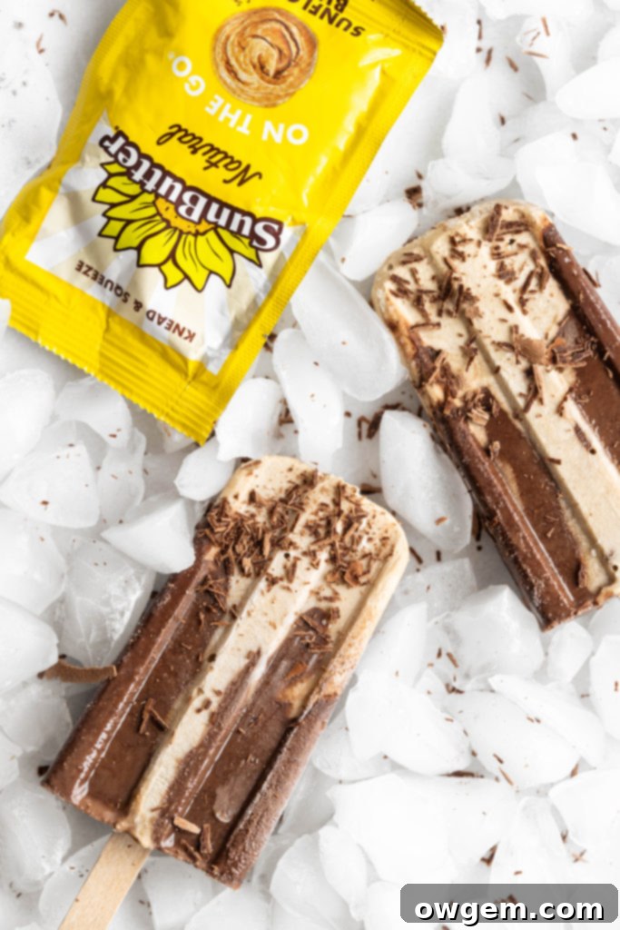 Two SunButter Chocolate Fudgesicles with a bite taken out of one