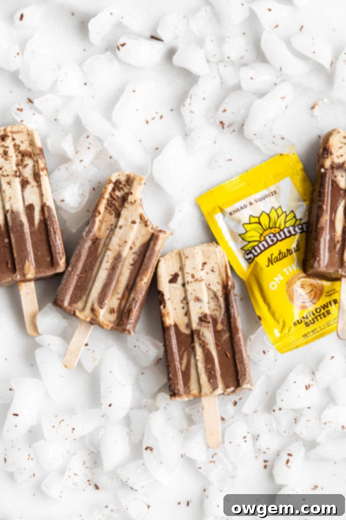 Close-up of a SunButter Chocolate Fudgesicle with the two distinct layers