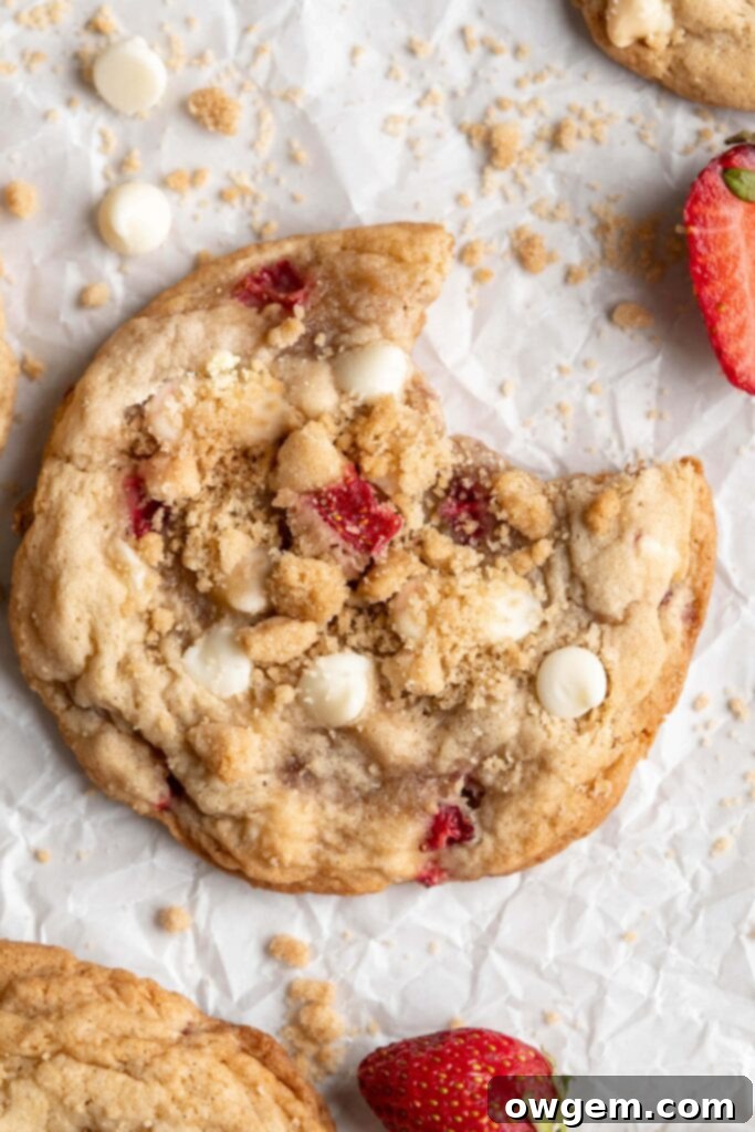 Tender and chewy Strawberry Shortcake Cookies with creamy white chocolate and fresh strawberry chunks