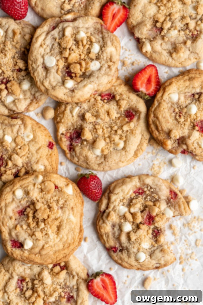 Close-up of freshly baked Strawberry Shortcake Cookies with white chocolate chips and crumble topping