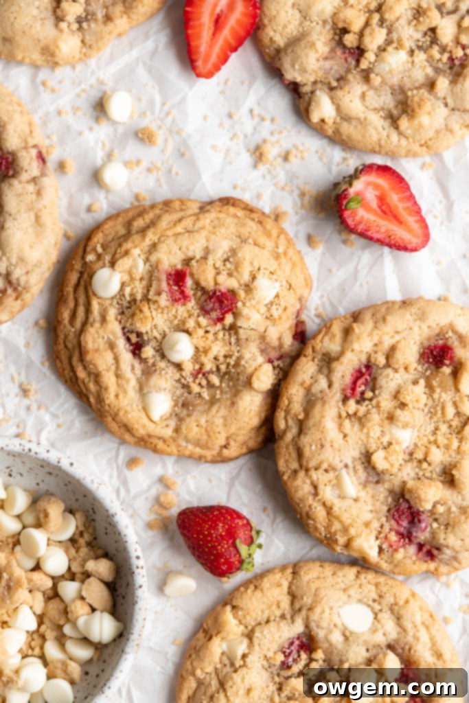 Delicious Strawberry Shortcake Cookies with white chocolate and crumble topping on a cooling rack