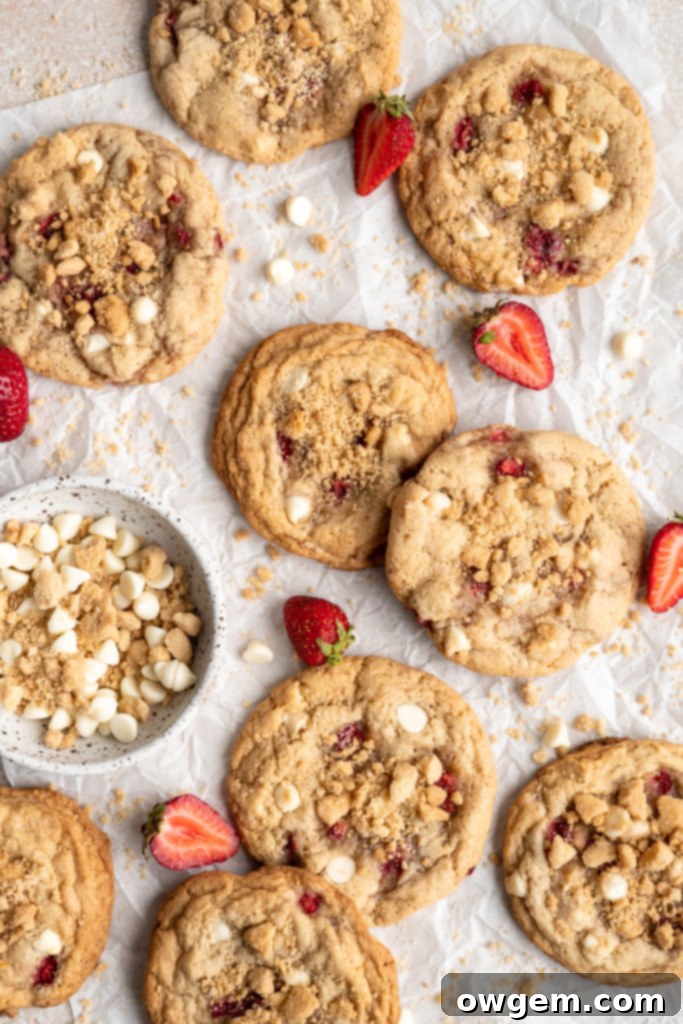 Stacked Strawberry Shortcake Cookies with crumble topping and white chocolate