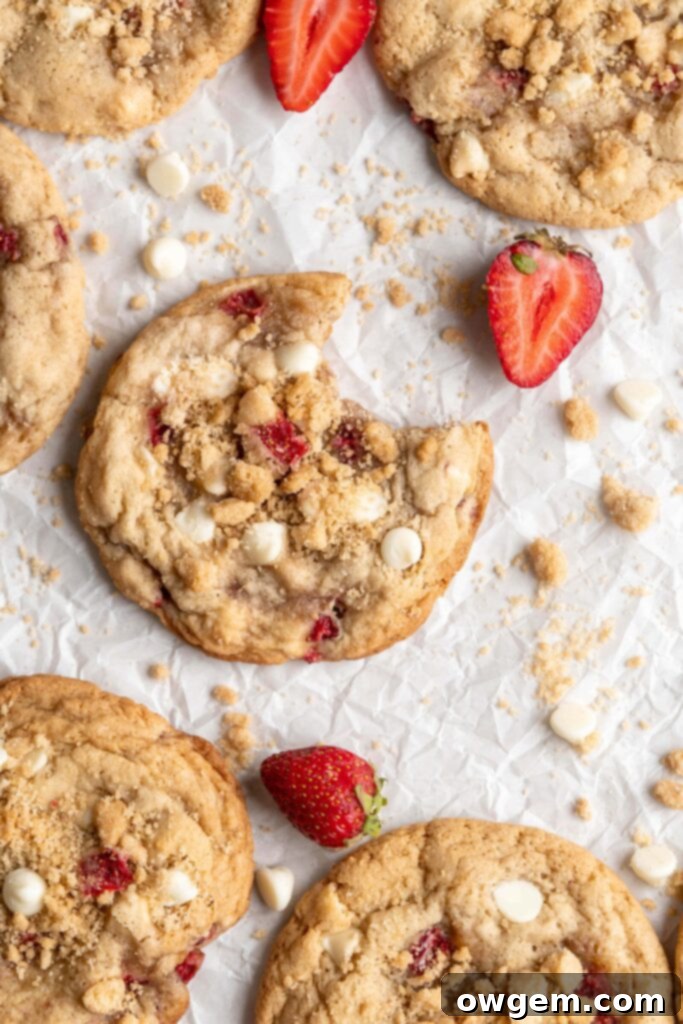 A single Strawberry Shortcake Cookie with white chocolate and crumble topping held in hand