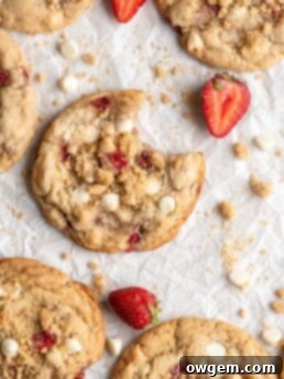 Delicious Strawberry Shortcake Cookies with white chocolate and crumble topping