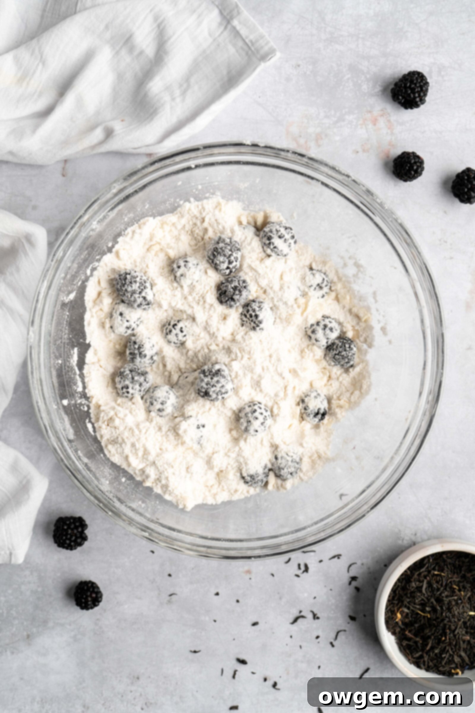 scones: blackberries gently tossed into flour and butter mixture