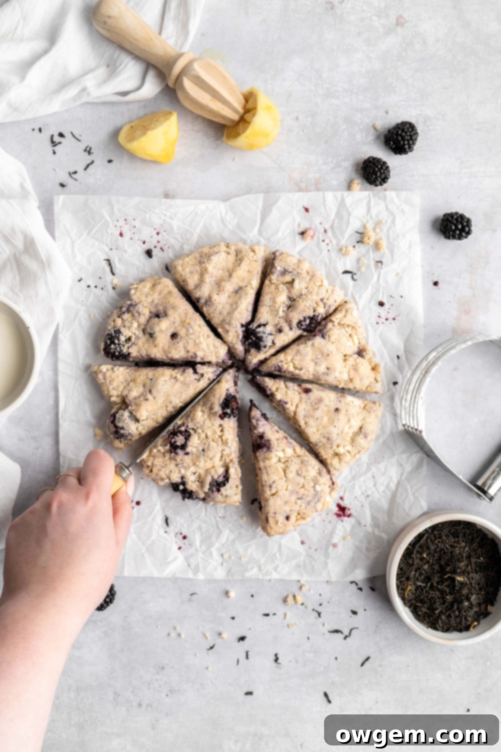 Shaped and cut blackberry earl grey scone dough, forming 8 triangle pieces