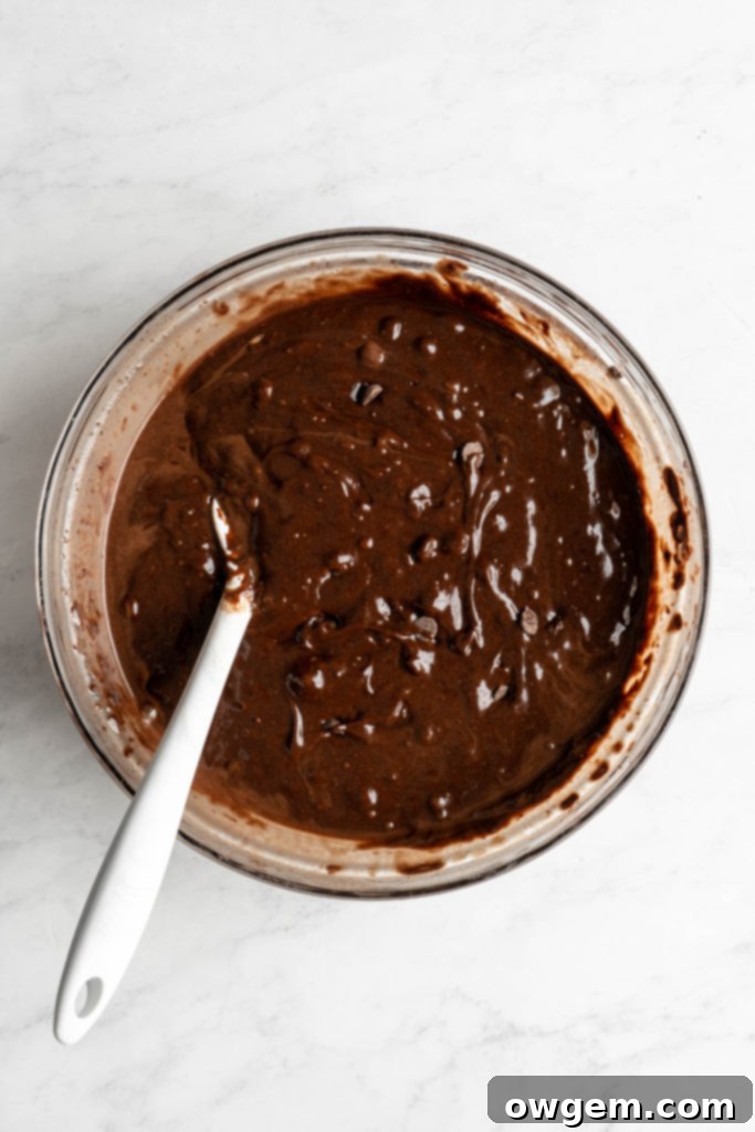 The chocolate loaf cake batter in a loaf pan, topped with extra chocolate chips before baking.