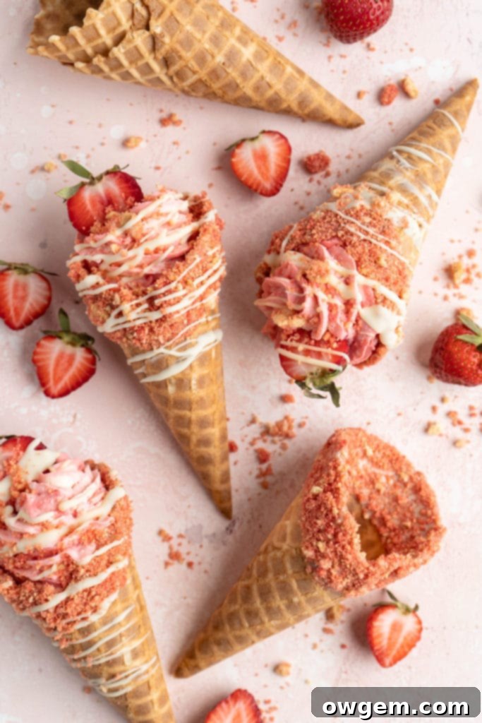 strawberry crunch cheesecake cone on a pink background