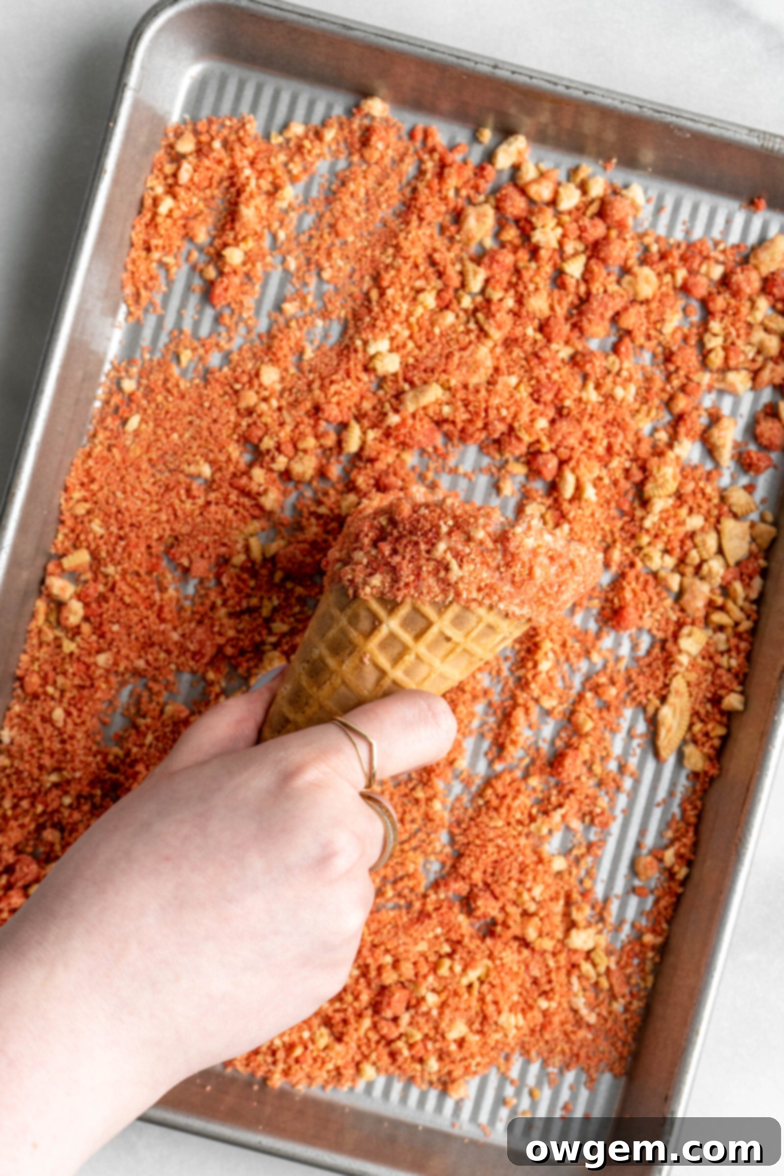 rolling cone in strawberry crunch.