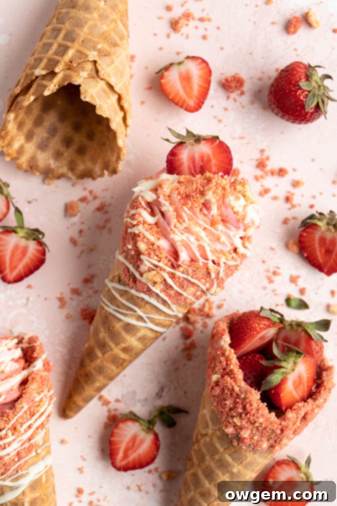 strawberry crunch cheesecake cone on a pink background