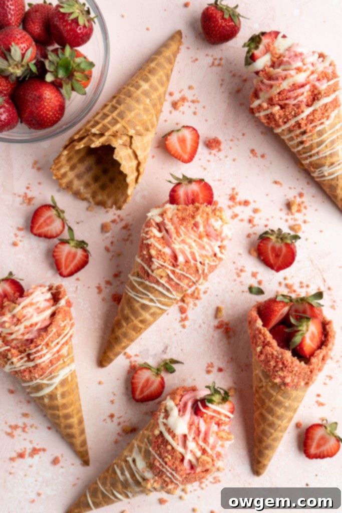 strawberry crunch cheesecake cone on a pink background