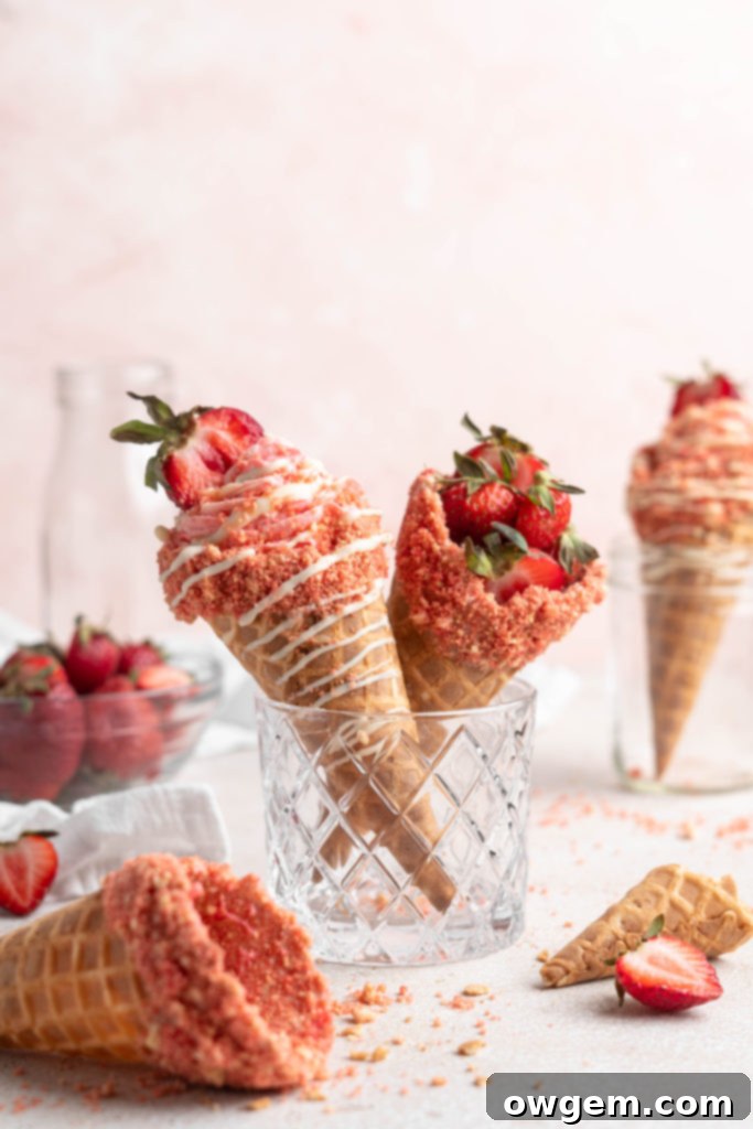 strawberry crunch cheesecake cone in a glass.