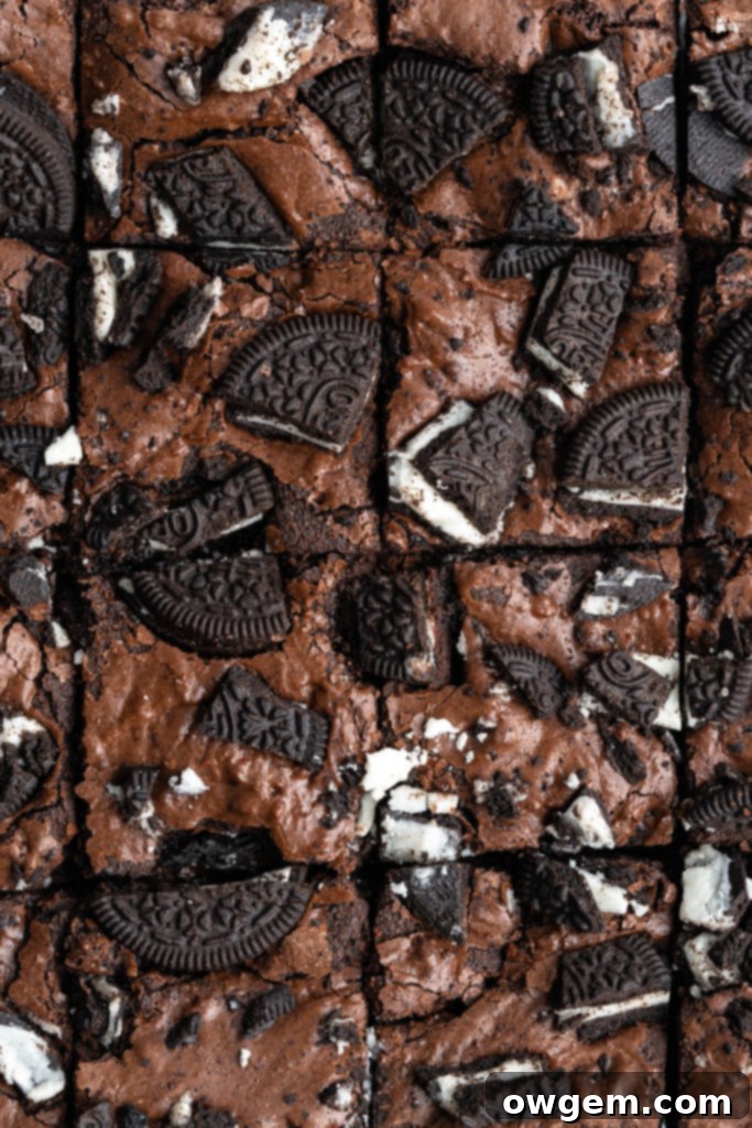 Close-up of perfectly baked crinkly top brownies with Oreos, showcasing texture and rich color.