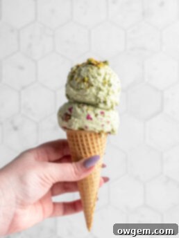 Homemade Pistachio Ice Cream in a cone