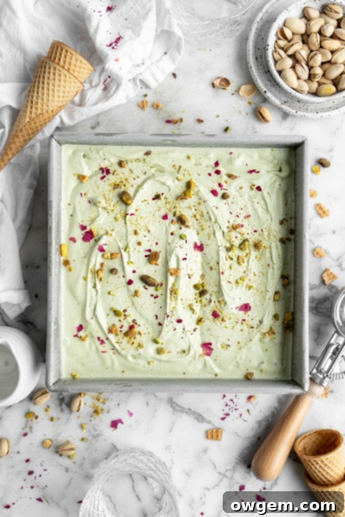 pistachio ice cream in a baking pan