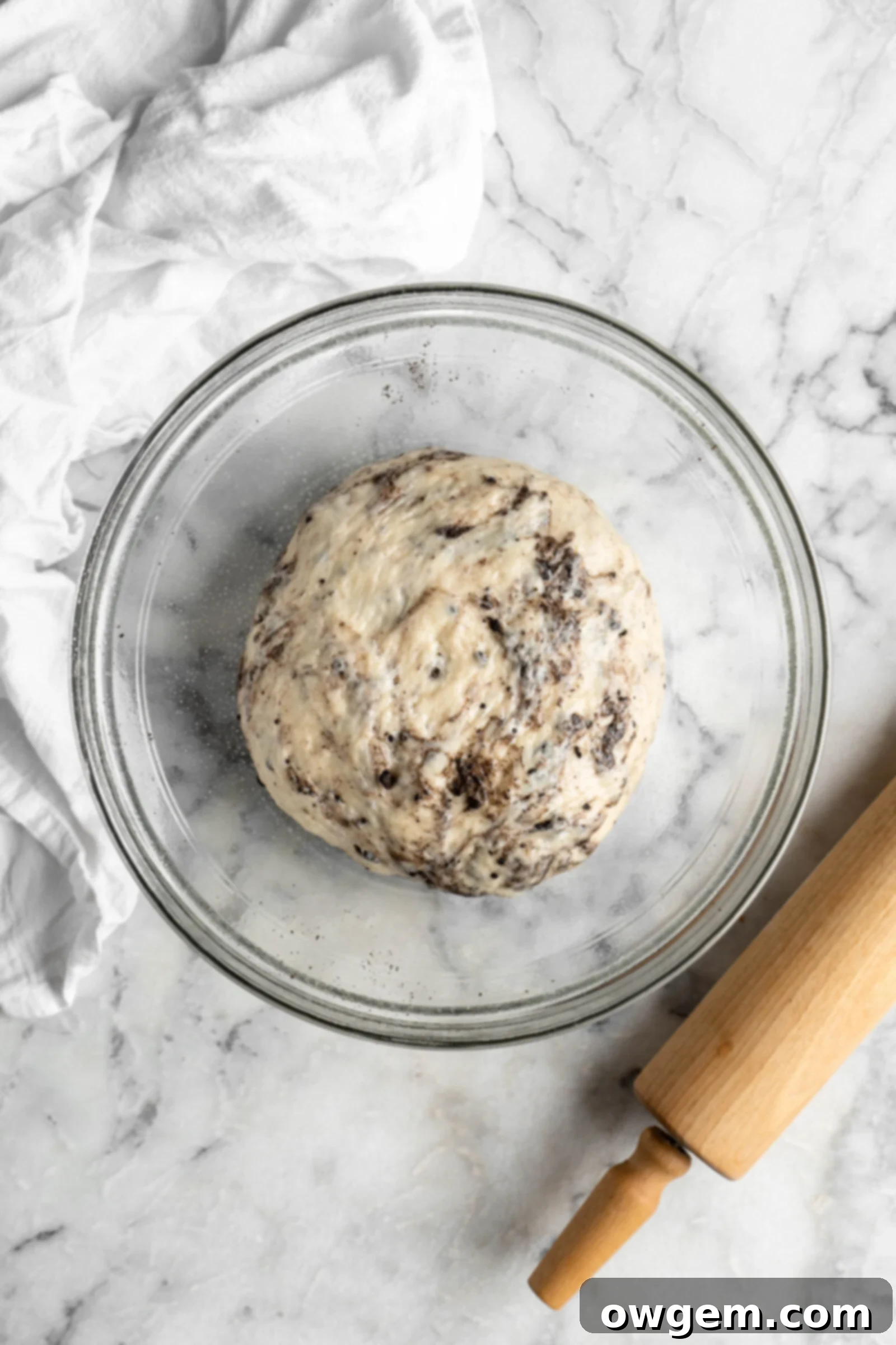 Close-up of dough after first rise