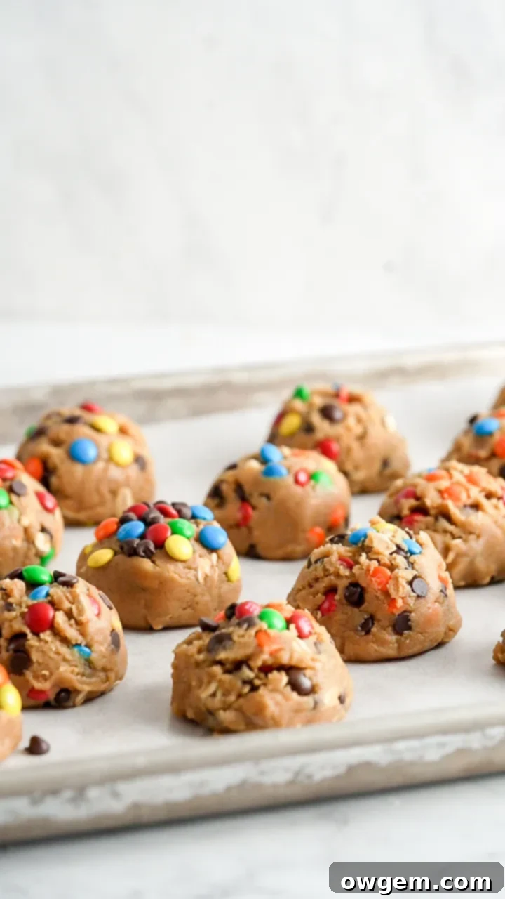 Close-up of neatly arranged scoops of peanut-free monster cookie dough, showcasing the mix-ins.