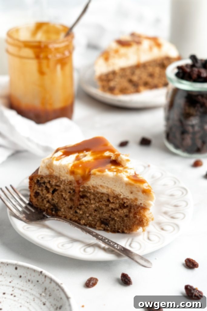 Caramel raisin spice cake slice.