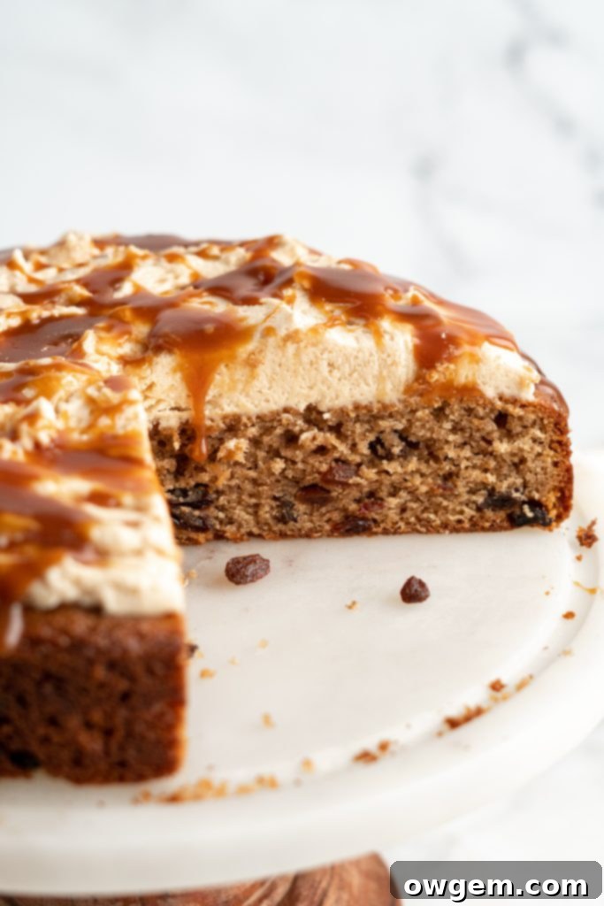 Caramel raisin spice cake, slices removed.
