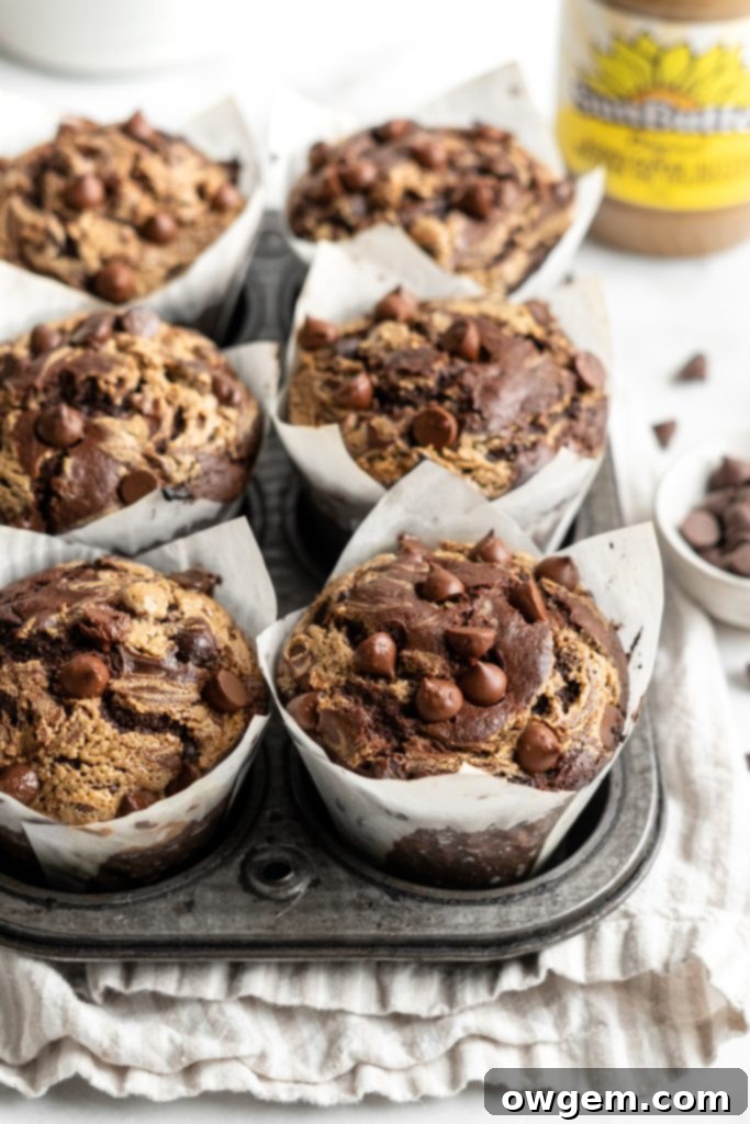 Bakery style double chocolate chip muffins in a muffin pan after baking, showing their impressive height.