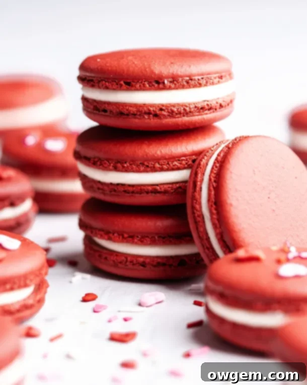 Close-up shot of two perfectly formed red velvet macarons, showcasing their signature 'feet' and the rich red color of the shells, waiting to be filled.
