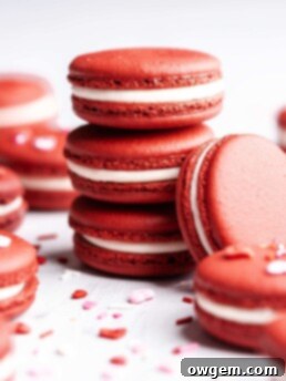Finished Red Velvet Macarons, filled with luscious cream cheese frosting, attractively plated and ready to be savored.