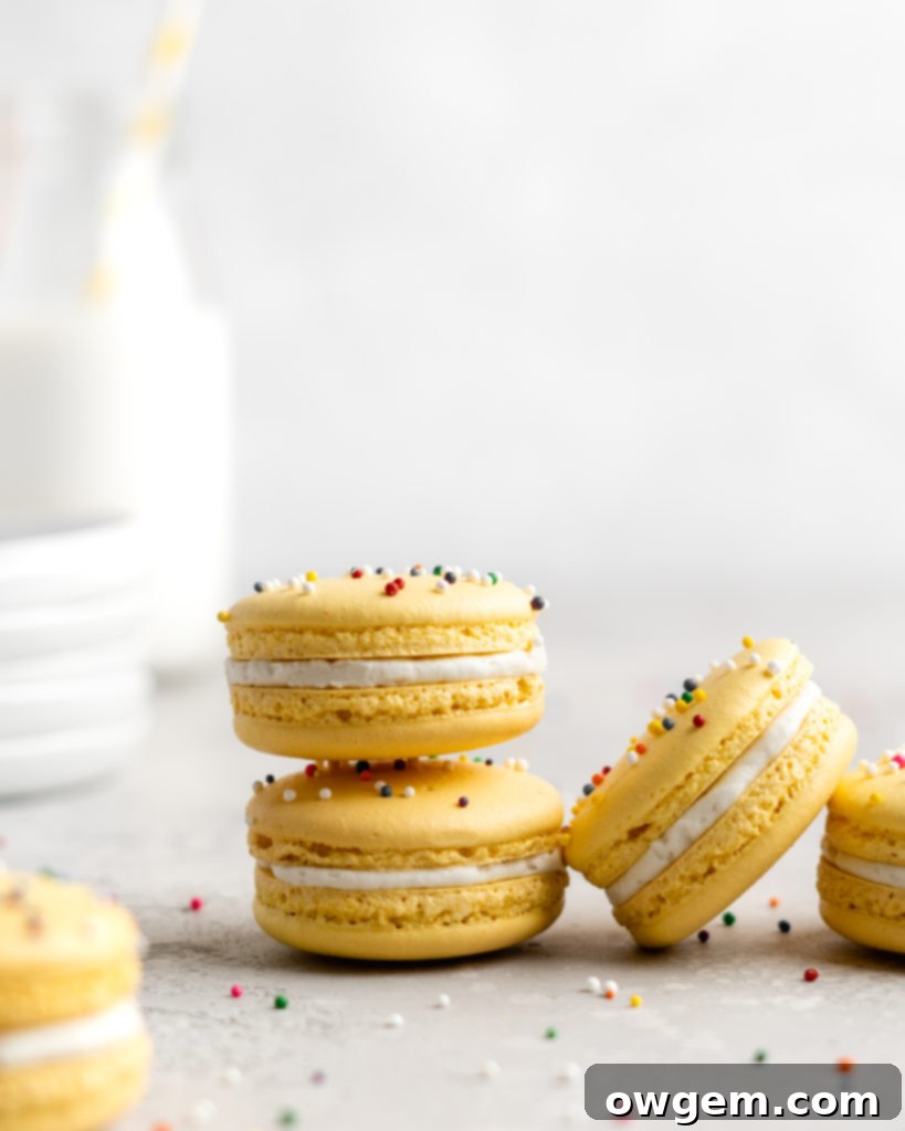 Delicate pink macarons with a perfect ruffled 'foot' on a baking sheet, ready for filling. This image illustrates the goal of achieving perfect macarons using the techniques discussed in the guide.
